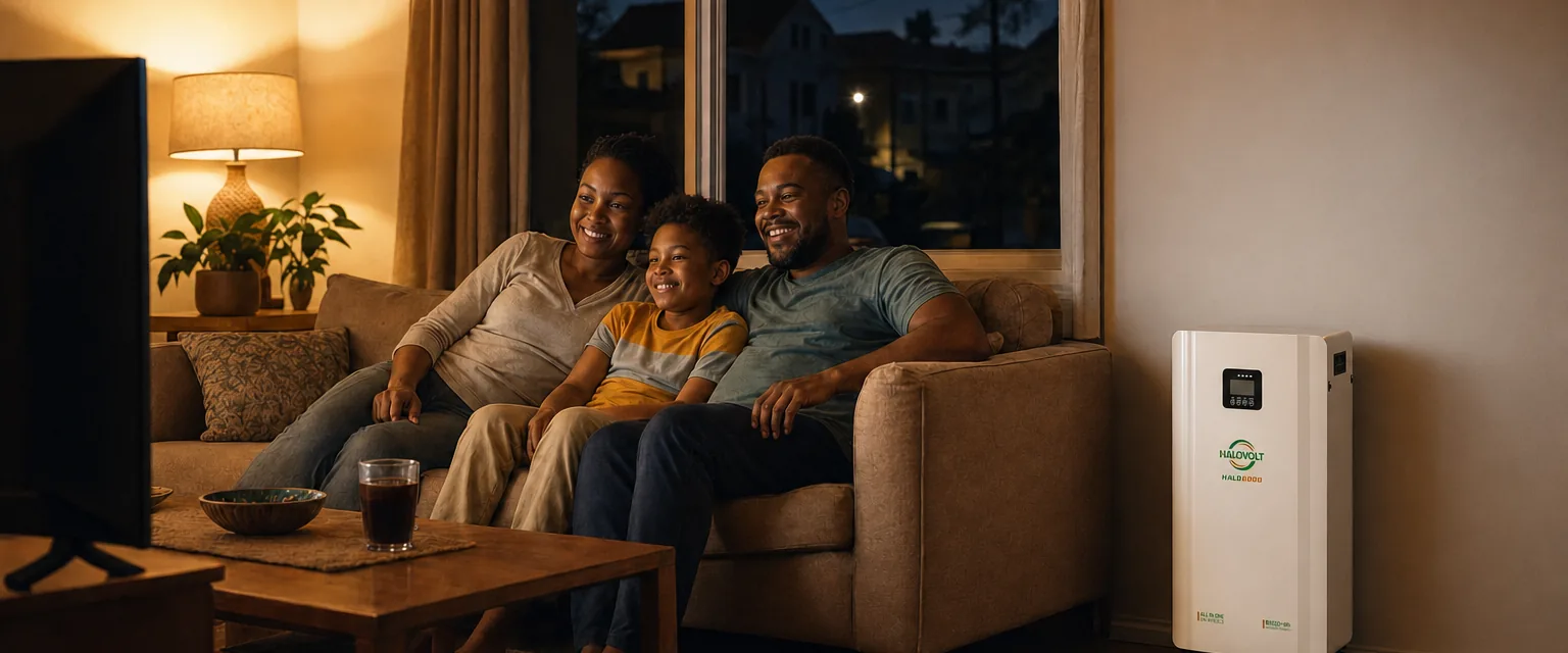 Family watching TV at night — neighborhood dark outside the window