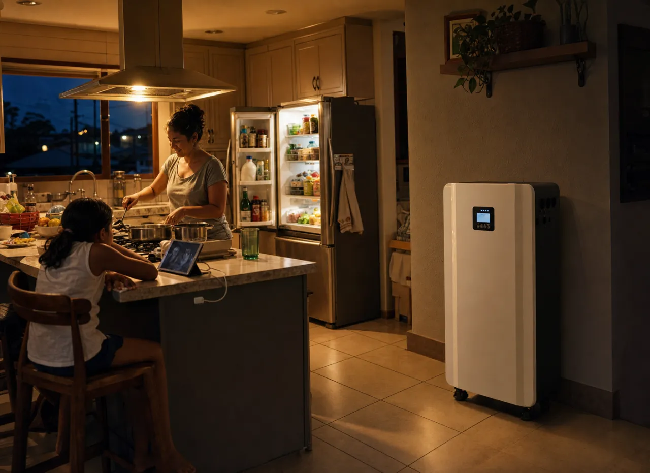 Busy family kitchen at dusk — everything running through an outage
