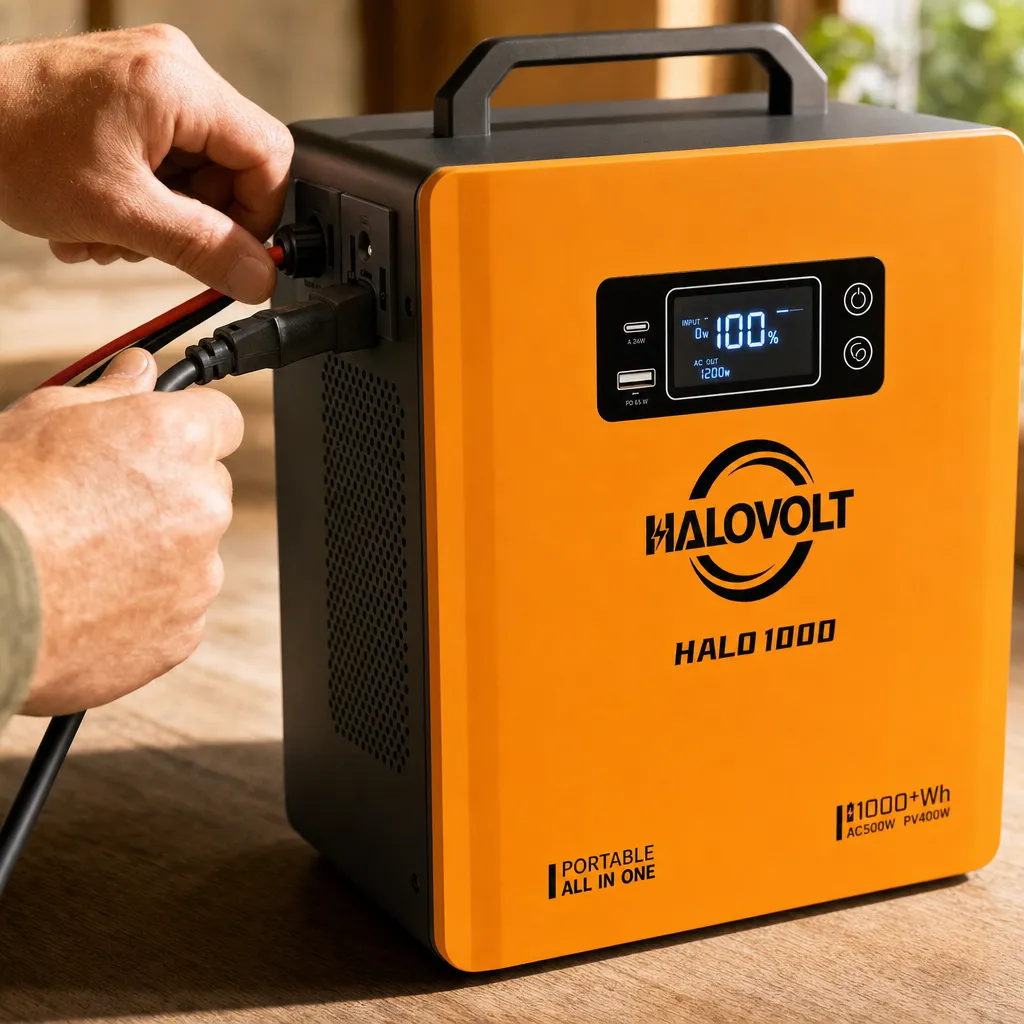 Hands connecting solar + AC cables to a HALO unit