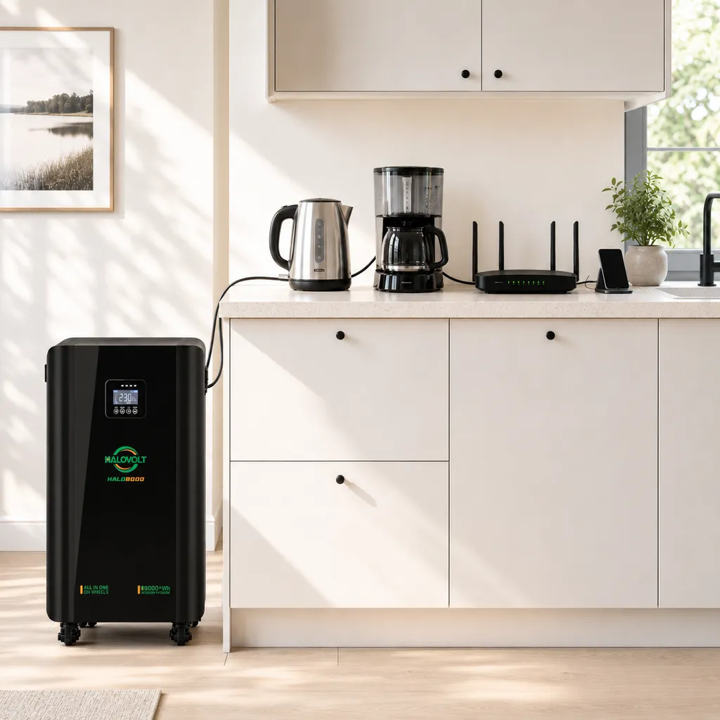 Kitchen counter at golden hour — kettle, coffee maker and router all running from a HALO unit
