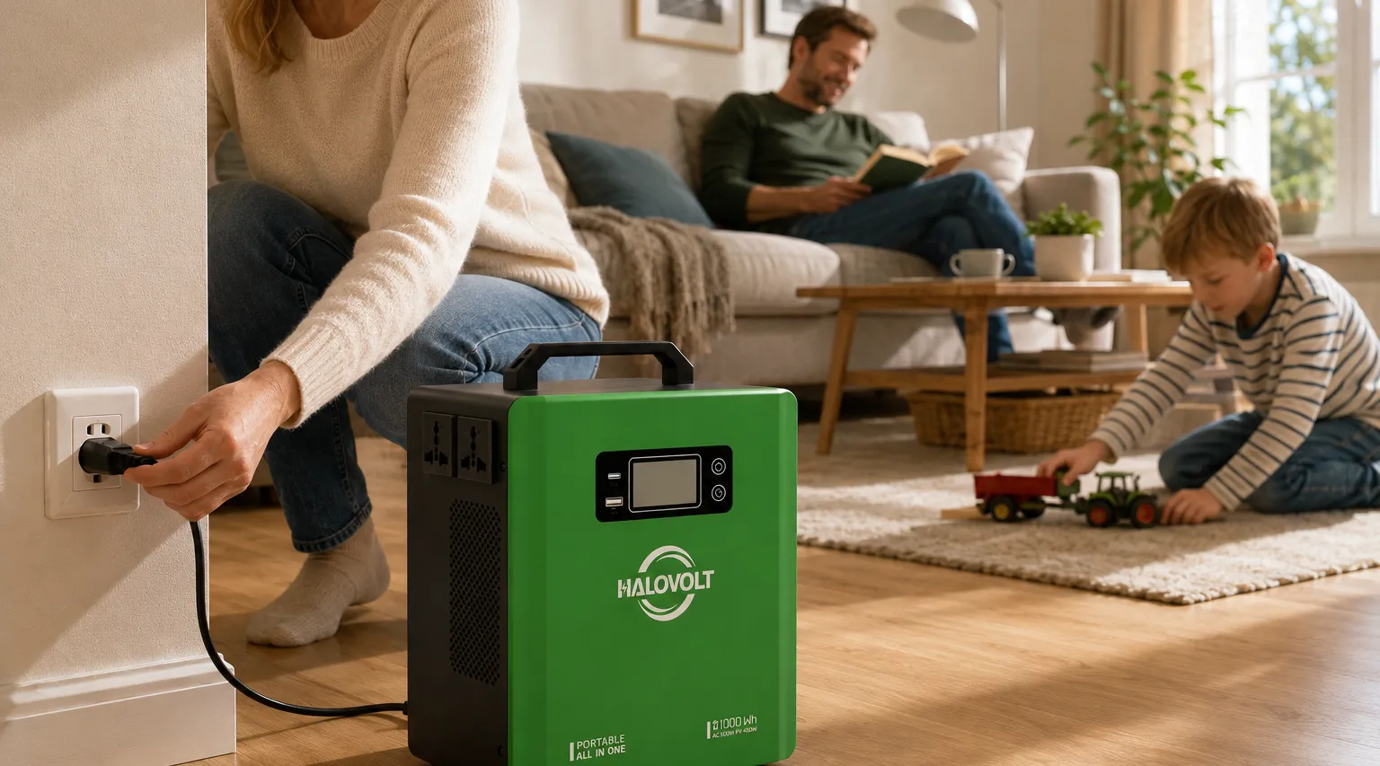 Hands plugging a HALO1000 into a living-room wall socket, family in background