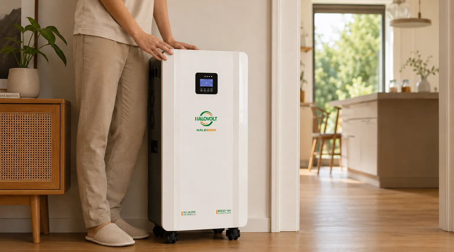 HALO8000 rolling across a wooden floor from living room toward kitchen